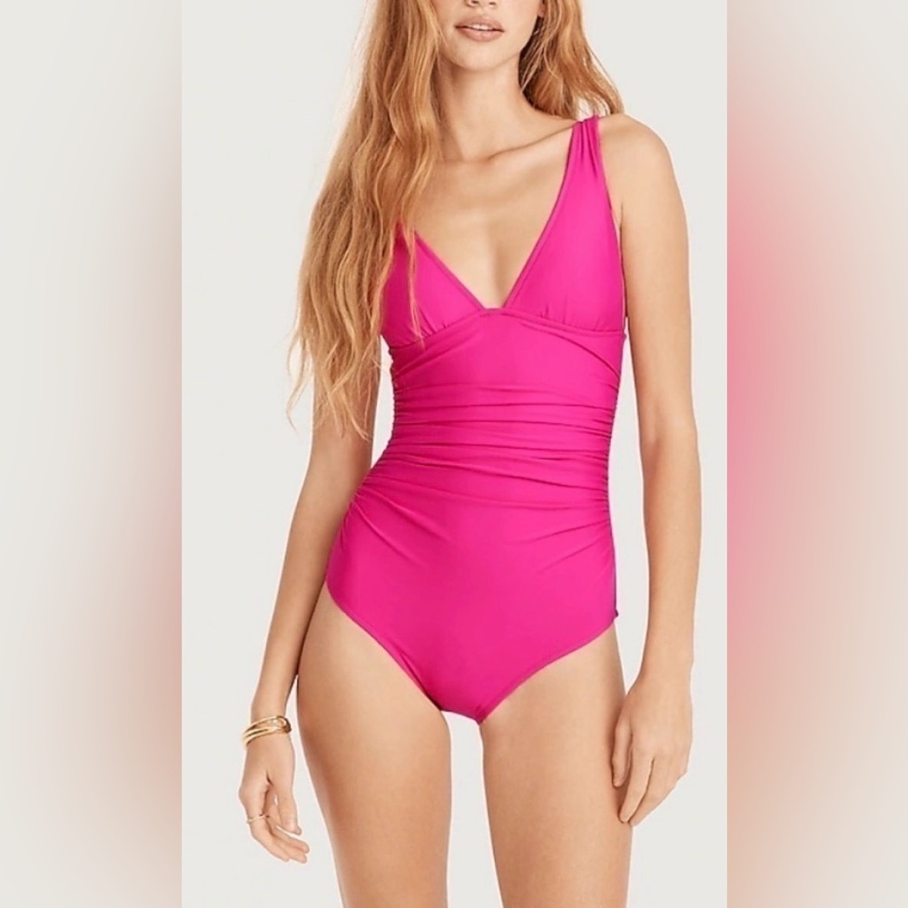 NWT J. Crew Women’s Ruched V-neck one-piece swimsuit Fascia Pink - Size 6
